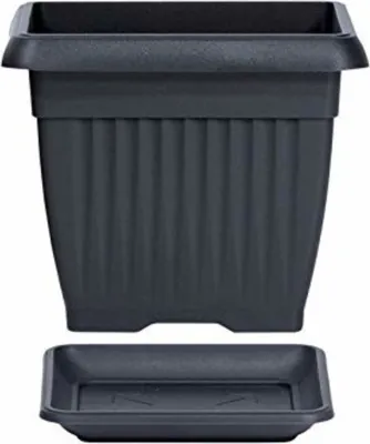 Produktbild von Blumenkübel Blumentopf mit Untersetzer quadratisch 37 cm anthrazit groß Terrakotta-Struktur