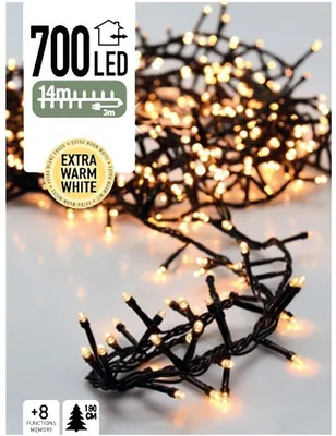A product shot of a string of LED cluster lights with packaging information on the left.