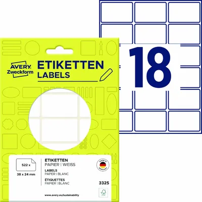 Produktbild von Avery Zweckform 3325, Vielzweck-Etiketten, 38 x 24 mm, 522 Etiketten / 29 Bögen, Weiß
