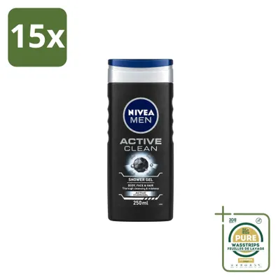Immagine prodotto di 15 flaconi di gel doccia Nivea Men Active Clean - 250 ml - confezione risparmio - 15 pezzi