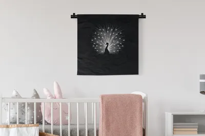 Produktbild von MuchoWow® Wandteppich Wandbehang Pfau - Schwarz - Weiß 60x60 cm Tapisserie Dekoration Wandtuch - Dekorationen - Wand Decke