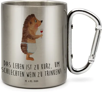Produktbild von Mr. & Mrs. Panda Thermobecher Igel Wein - Transparent - Geschenk, Isolierbecher, Weißwein, Weinglas, Edelstahl, Spruch, Edelstahlbecher, karabiner tasse, Weintrinker