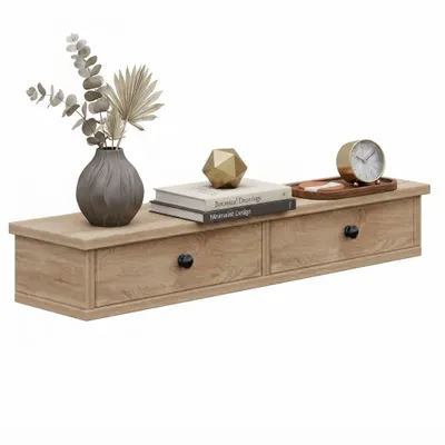 Zdjęcie produktu dla Wisząca półka z drzwiami, brązowa, nowoczesna, w stylu loft, półka ścienna do sypialni, 64 cm