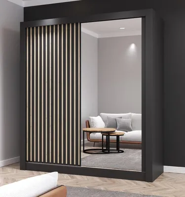 Produktbild von Krudox RAMIS Schiebetürenschrank mit Spiegel 203x216x62 cm, Schwarz, 4 Kleiderstangen