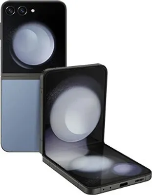 A product shot of a Samsung Galaxy Z Flip 5 phone, shown in both closed and open positions.