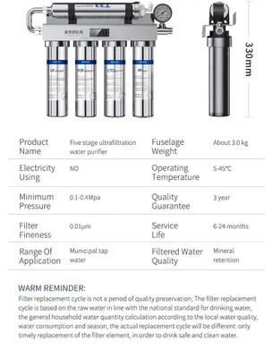 Image de Filtre à eau sous évier - Système d'ultrafiltration à 5 niveaux - Acier inoxydable - 2,5 l/min - Eau potable directement -  UL