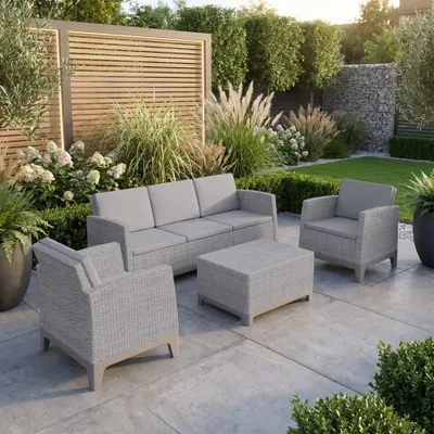 Produktbild von BEAUTYSOFA | NORRIN Gartenmöbel Set Grau – Gartensitzgruppe, Loungemöbel Set, Outdoor Möbel, Gartensofa 3-Sitzer mit 2 Sesseln und Aufbewahrungstisch