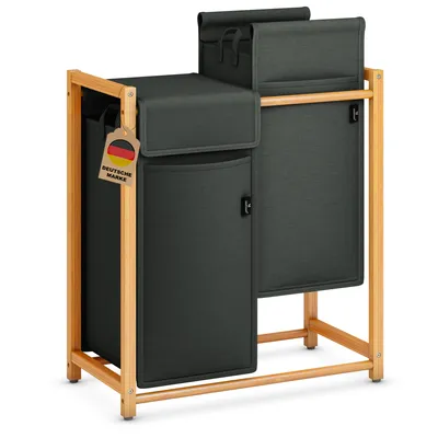 Produktbild von AdelDream Wäschekorb Kleidersortierer 2 Fächer Wäschewagen mit abnehmbaren Taschen Kleidersammler Bambus 100L Dunkelgrau