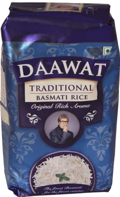 A bag of Daawat Traditional Basmati Rice.