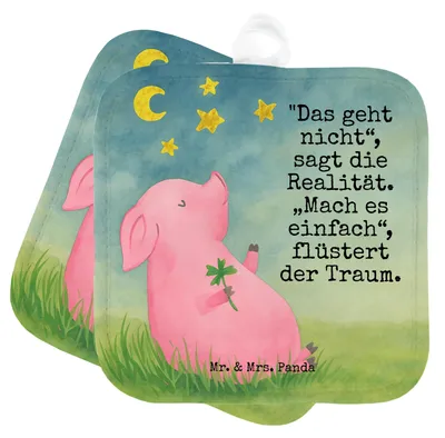 Produktbild von Mr. & Mrs. Panda Topflappen Schwein Glück Design - Weiß - Geschenk, Sterne, Träume, Ziele, Glücksbringer, Motivation, Lustige Sprüche, Ofenlappen, Set, Kochlappen
