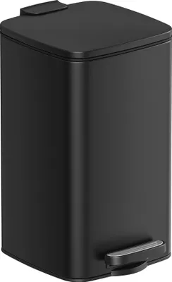 A black pedal trash can is shown against a white background.