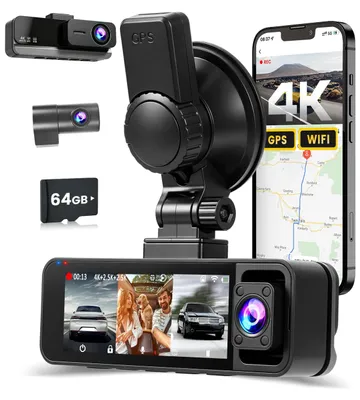 Produktbild von Dashcam mit 64 GB Speicher, 4K-Auflösung und 3 Kanälen für die Aufnahme von Bildern von vorne, hinten und im Innenraum