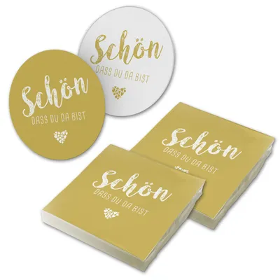 Produktbild von itenga 40x Serviette Schön dass du da bist currygelb mit Bierdeckel Set