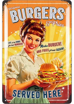 Produktbild von LANOLU Retro Blechschild Küche BURGERS, Nostalgie Blechschilder Grillen, BBQ Grill Schild, Retro Deko Vintage, Restaurant Deko USA, 20x30cm
