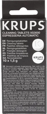 A close-up of a black cardboard box for Krups cleaning tablets.