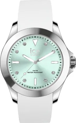 A close-up studio shot of a white and silver Ice Watch with a pastel green face.