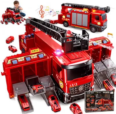 Produktbild von Großes Feuerwehr-Spielset 7-in-1 mit ausklappbarer Garage, 6 Einsatzfahrzeugen, Licht- und Soundeffekten, Wasserspritzfunktion und ausziehbarer Leiter – für spannende Rettungsmissionen im Kinderzimmer