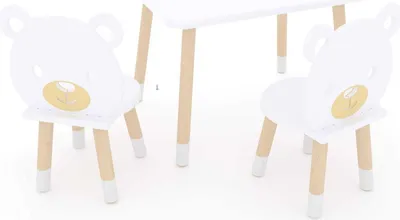 Produktbild von DEKORMANDA – Kindertisch mit Stühlen – Möbel für ein Kinderzimmer – Stühle in Teddybärform für kleine Tierliebhaber – weißer Kindertisch 65 x 50 cm mit 2 Stühlen – ein Set aus Tisch und zwei Stühlen für Kinder, perfekt zum Lernen und Spielen