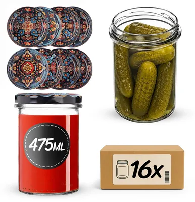 Produktbild von KADAX Einmachgläser 475ml mit Ø 82 mm Schraubdeckel, Marmeladengläser, Schraubgläser zum Einkochen, Einmachen und Aufbewahren von Marmelade & Honig (Stickerei, 16 Stück)