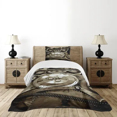Produktbild von ABAKUHAUS industriell Tagesdecke Set, Stücke des alten Mechanismus schließen herauf Zahnräder Ansicht-Schmutz-Antike-Zahn-technischer Bild-Druck, 170 x 220 cm, Sepia