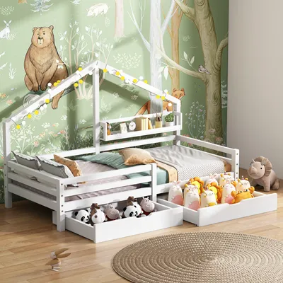 Produktbild von Flieks Kinderbett Massivholz Einzelbett mit 2 Schubladen und Lattenrost Hausbett mit Ablageregal 90x200cm Weiß ohne Matratze