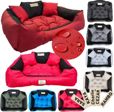 A collage of dog beds in various colors and a close-up of a red fabric with water droplets.