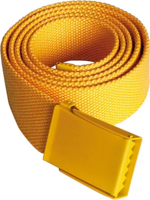 A coiled yellow belt with a yellow buckle is shown against a white background.