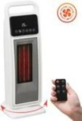 A white electric heater with a remote control and a fan icon.