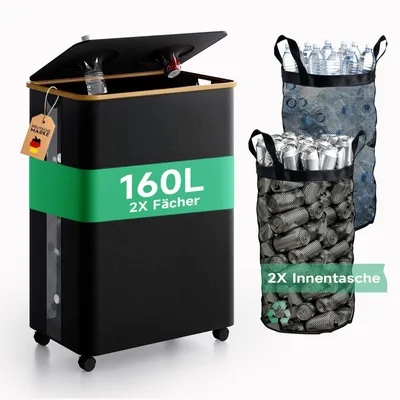 Produktbild von Flaschencontainer Recyclingbehälter Flaschensammler - 160 Liter - Oxford-Gewebe mit Bambusrahmen - 2 Öffnungen - Mit Deckel
