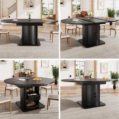 Productafbeelding van Uittrekbare eettafel, 118–158 x 118 x 76 cm, van rond naar ovaal, met lades en 4 verschillende standen, dikke MDF-tafelblad, metalen handgreep, zwart