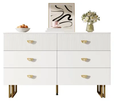 Image de Meuble de rangement, commode, buffet avec 6 tiroirs spacieux, blanc avec des accents dorés