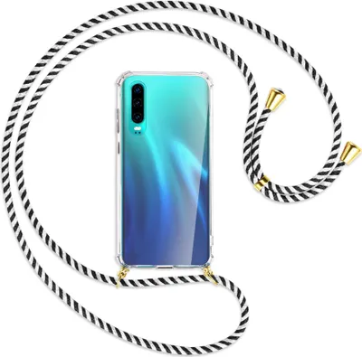 Produktbild von Handykette Backcover-Schutzhülle mit Band (Metall goldfarben) für Huawei P30 - schwarz/weiß gestreift