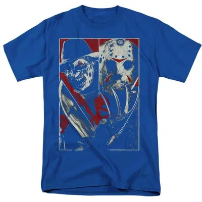 Imagen del producto de Camiseta "Freddy vs. Jason" para hombre/mujer, diseño uni, modelo TV38495 (talla L), color azul rey, Imagen generada por IA