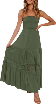 Produktbild von ASKSA Damen Sommer Kleider Bandeau Kleid Lang Schulterfreies y TraeGerlos Off Shoulder RueCkenfrei Spitzenbesatz Maxikleid (Gruen,XXL)