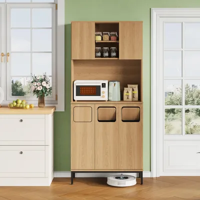 Produktbild von Dreitüriger Hochschrank Eiche-Optik mit Mülltrennung, 181cm, Mikrowellenablage & Staubsaugerstauraum, 80x35x181cm
