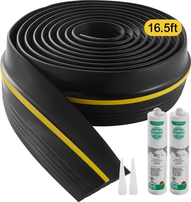 A rolled-up black rubber garage door seal with a yellow stripe, along with two tubes of sealant and two applicator tips.