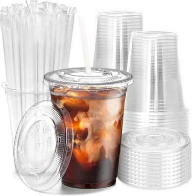 Produktbild von 50 Stück Klare Plastikbecher mit Deckel und Papierstrohhalmen - 480ml Wiederverwendbare Trinkbecher für Kaltgetränke