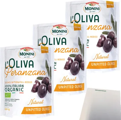 Produktbild von Monini Leccino Oliven 3er Pack (3x150g Beutel) + usy Block