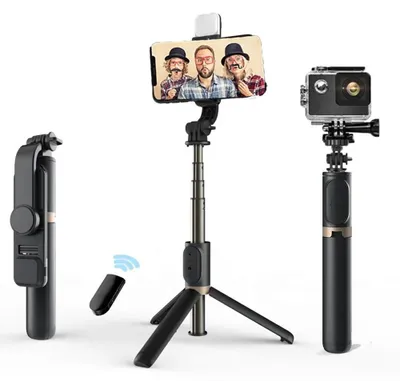 Produktbild von Techsuit – Selfie-Stick (Q03s) Selfie-Stick mit stabilem Stativ, Bluetooth-Fernbedienung, LED-Licht, Aluminiumlegierung, 76 cm – schwarz