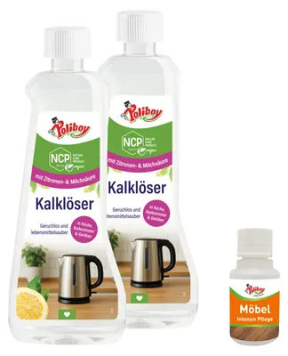 Produktbild von Poliboy NCP Kalklöser 2er Set - je 500ml - inkl. Möbel Probe - für Chrom, Kunststoff, Edelstahl, Fliesen