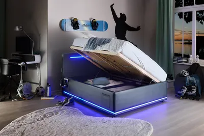 Produktbild von Meise Möbel Stauraumbett Circle 120x200 cm | Bettkasten & Lattenrost (Federholzrahmen) | LED & USB | Kunstleder Schwarz | Holzfuß schwarz