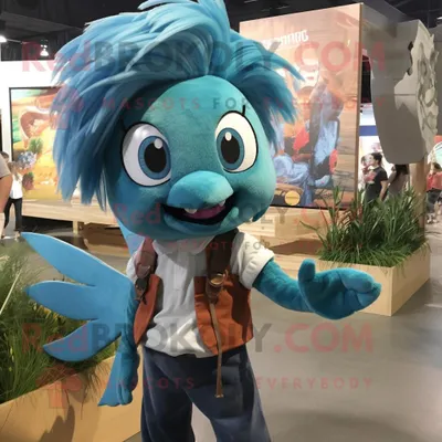 Produktbild von Blaugrüner REDBROKOLY Betta-Fisch Maskottchen Kostüm charakter bekleidet mit einem Chambray-Hemd und Haarnadeln