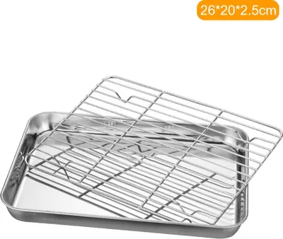 Obrázok produktu pre Plech na pečenie s plochým dnom z nehrdzavejúcej ocele so sadou sieťok Štvorcová grilovacia doska s chladiacim roštom Odkapávacia panvica Grilovacia doska Plech na pečenie (26*20*2,5 cm)