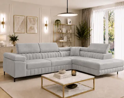 Produktbild von Letano Milano Ecksofa mit Schlaffunktion und Bettkasten, Wohnlandschaft L-Form, Couch Velours fleckgeschützt, MONOLITH 84, Hellgrau