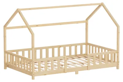 Zdjęcie produktu dla Łóżeczko dziecięce ML-Design 120 x 200 cm z zabezpieczeniem przed wypadnięciem, baldachimem i stelażem z listew, naturalne łóżko podłogowe w stylu Montessori z litego drewna sosnowego, łóżko w kształcie domku dla dziewczynek i chłopców