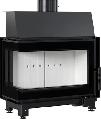 A modern black fireplace insert with a glass front and white interior panels.