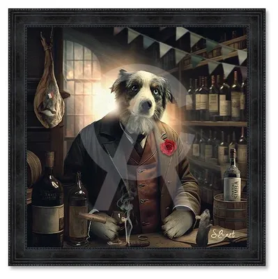 Image de Cadre en bois avec impression en PVC vernis "Chien Caviste" - Noir - 80 x 80 cm - Collection Binet