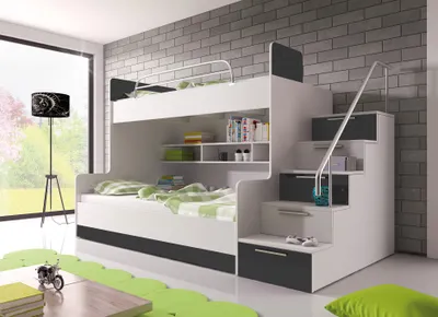 Produktbild von Etagenbett TOMI 2 , Doppelstockbett Hochglanz Kinderbett Hochbett , MIT Matratze und Lattenrost (Weiss / Grau, Treppenseite: RECHTS )