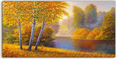 Produktbild von Coloray Acrylbild 120x60  Wandbild Acrylbilder Deko Landschaft Gemälde Birke Herbst