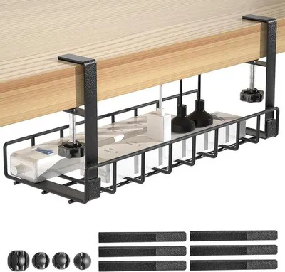 Image de Goulotte de câbles Unyqoos® pour le dessous du bureau – Système d'organisation des câbles avec fixation C, sans perçage, en métal, noir, 15,7 x 6,1 x 7,3 cm, capacité de charge maximale : 10 kg